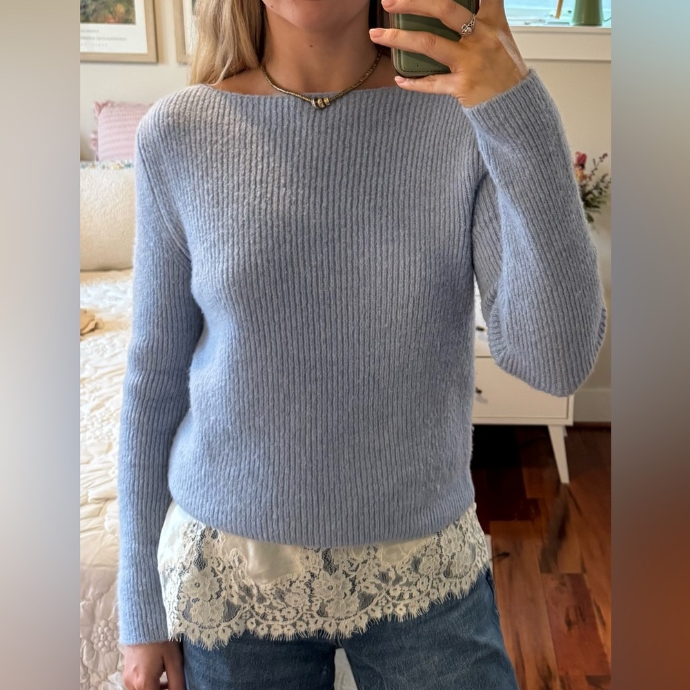 Mango Light Blue Boatneck Ribbed Sweater